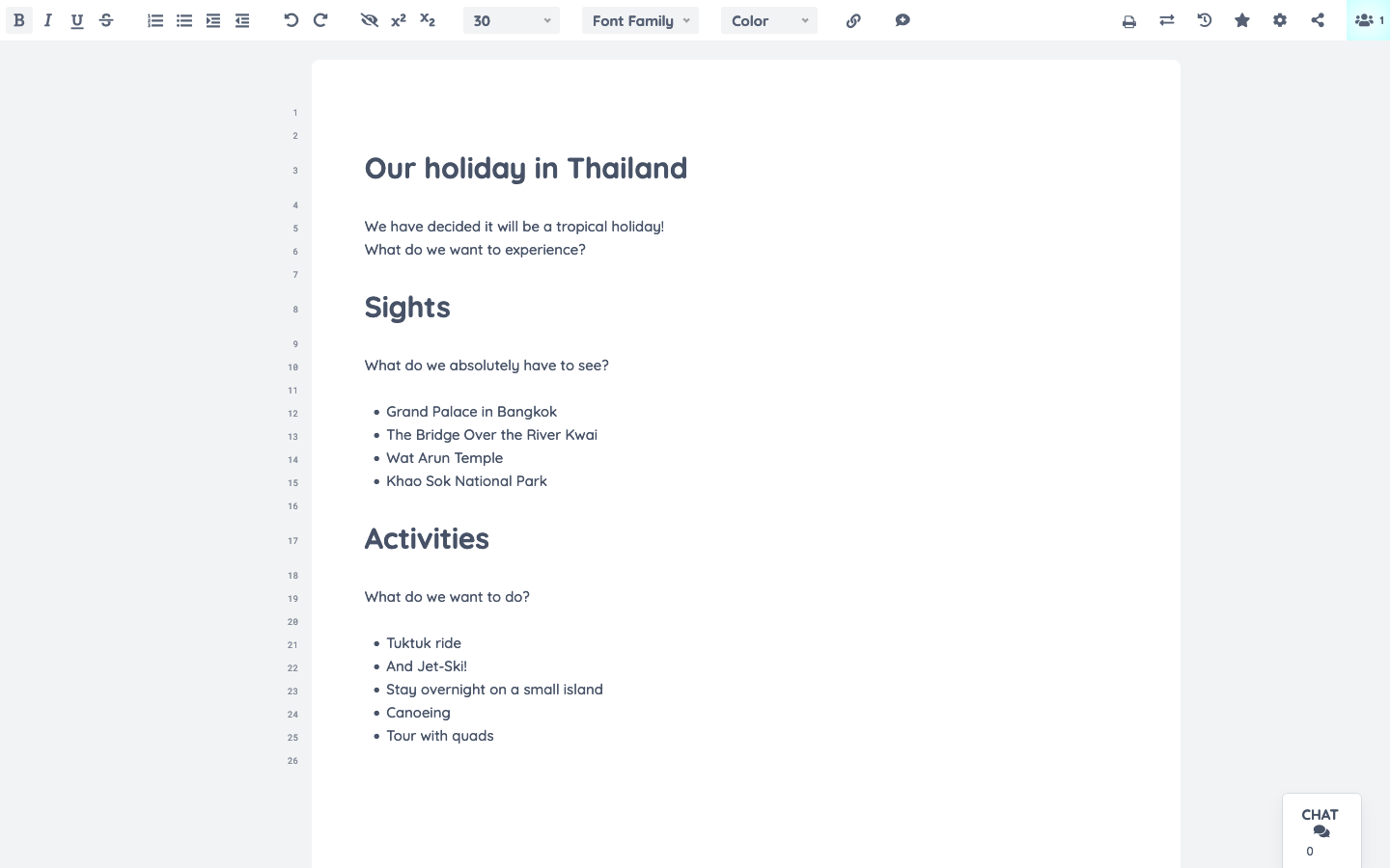 View of an Etherpad with holiday planning notes