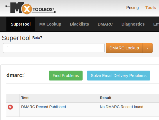 Beispiel mxtoolbox.com - fehlender DMARC-Eintrag