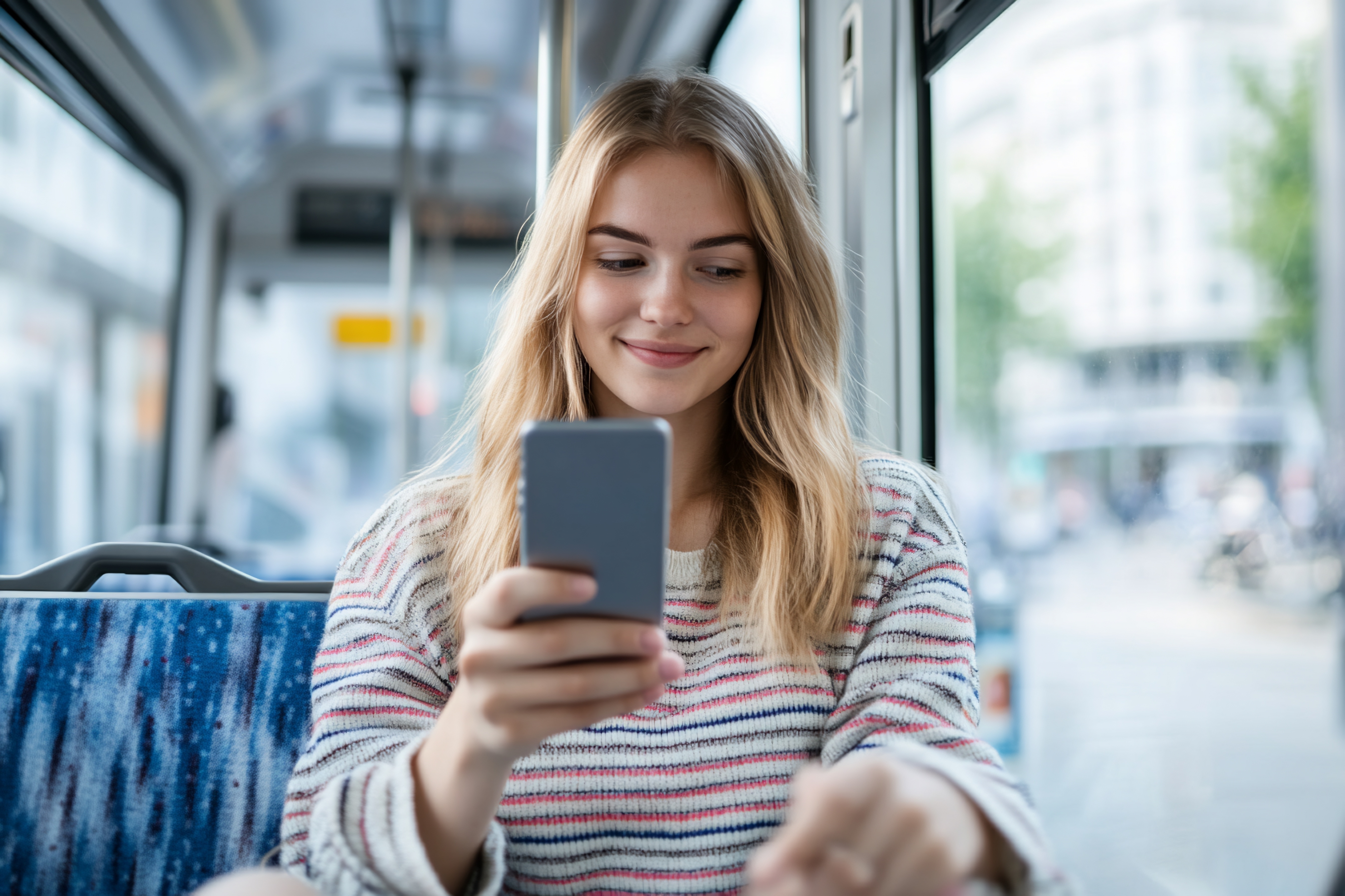 Young woman smiling as she looks at her mobile phone while sitting on the bus.