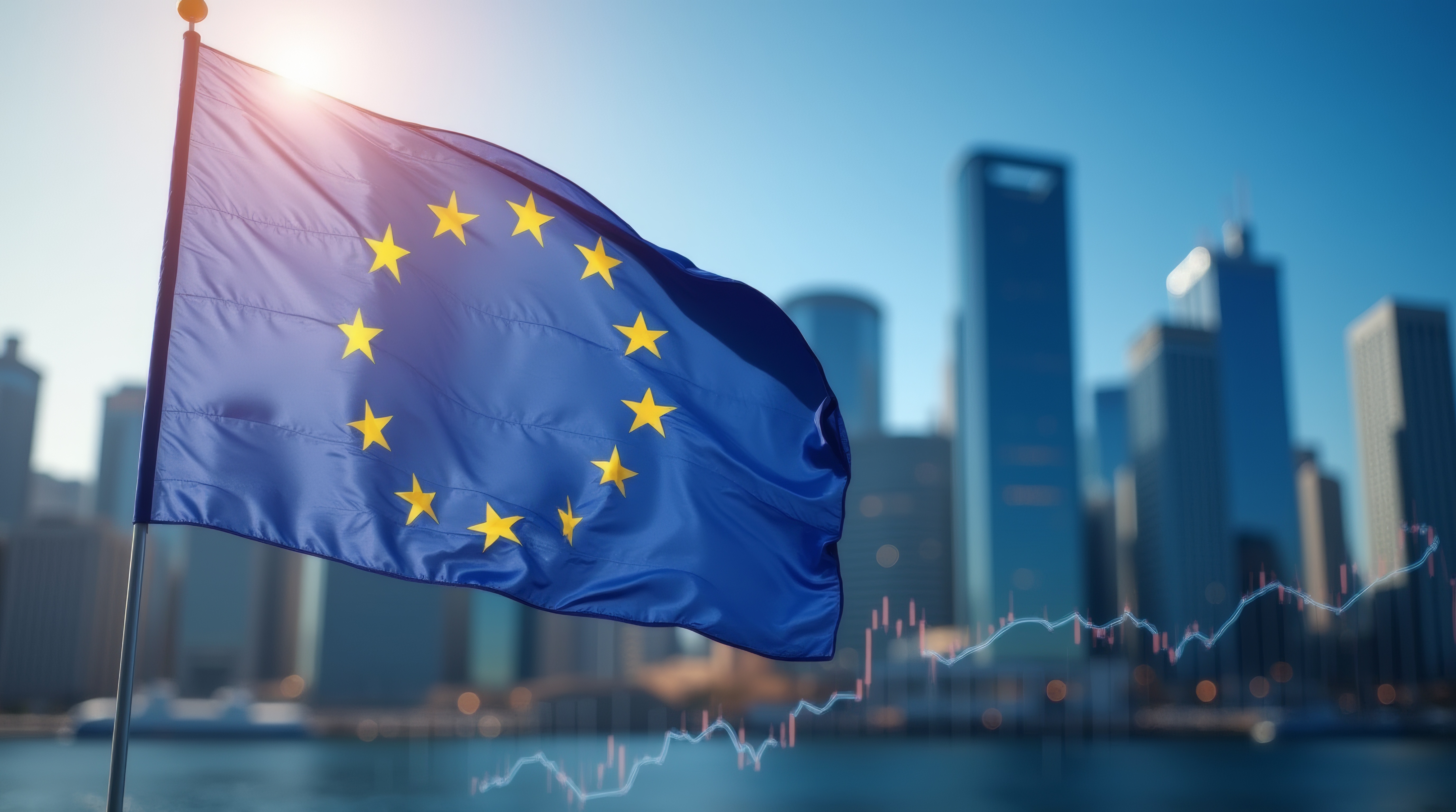 Europe flag in front of skyline with transparent share price in front of it