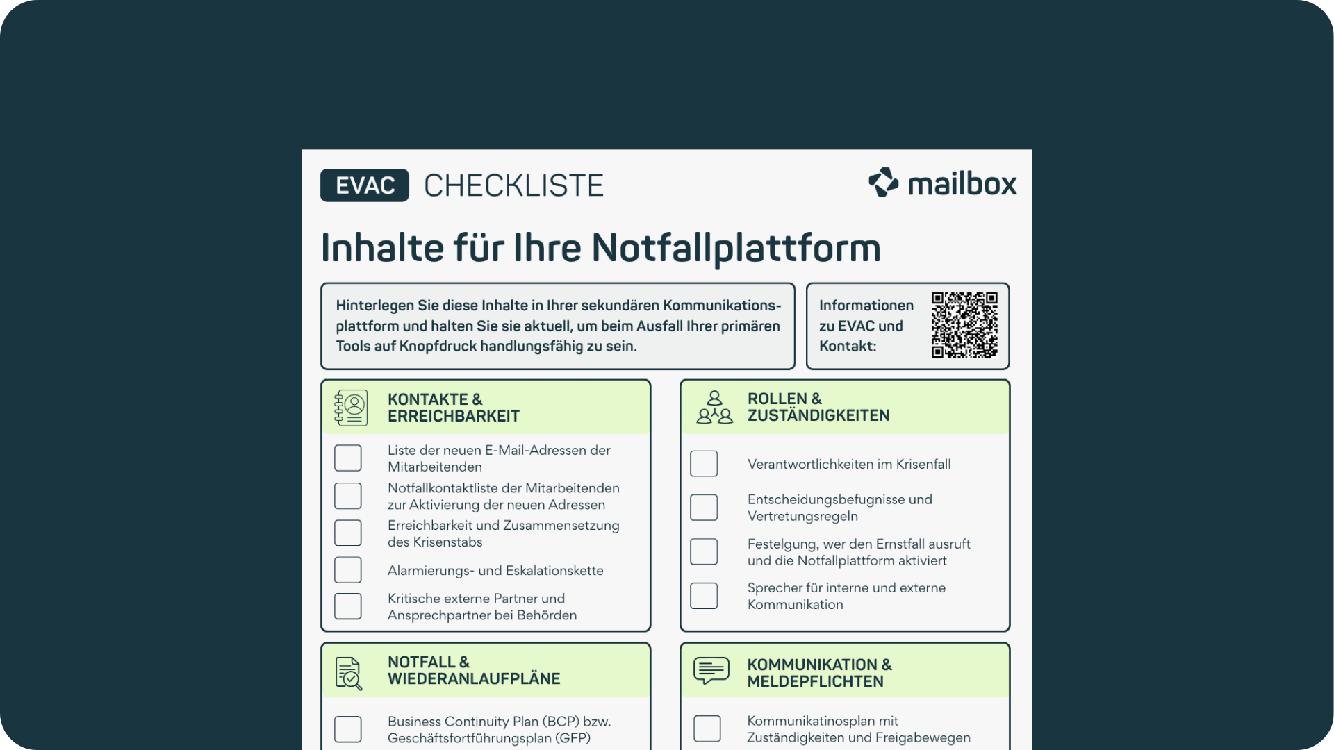 mailbox EVAC Checkliste Inhalte Notfallplattform